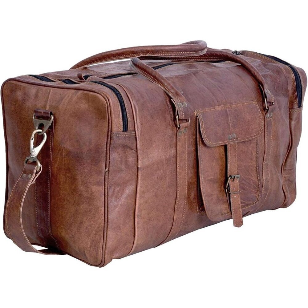 🆕 Men Brown Leather Bag Square Duffel Travel Gym Sports Overnight Weekend Style